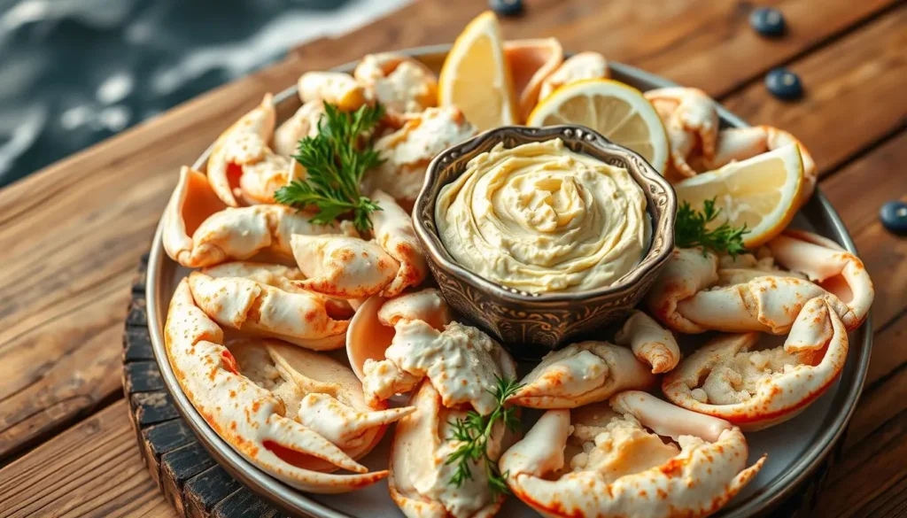 Fresh crab claws served with whipped crab butter sauce and lemon wedges on rustic wooden platter