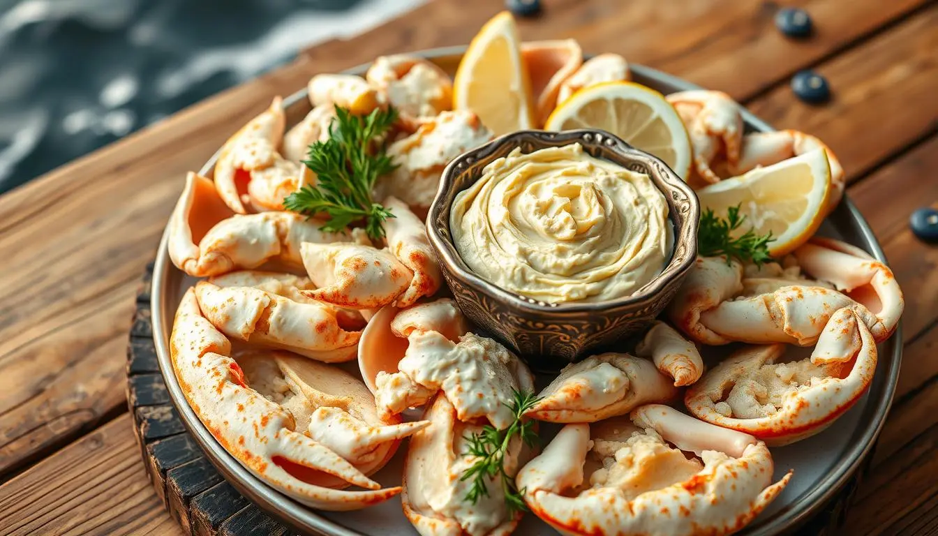 Fresh crab claws served with whipped crab butter sauce and lemon wedges on rustic wooden platter