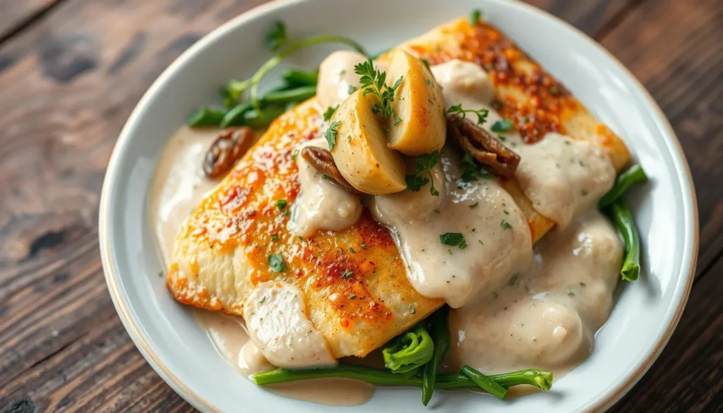 Creamy tilapia fillet with artichokes and green beans on a white plate.