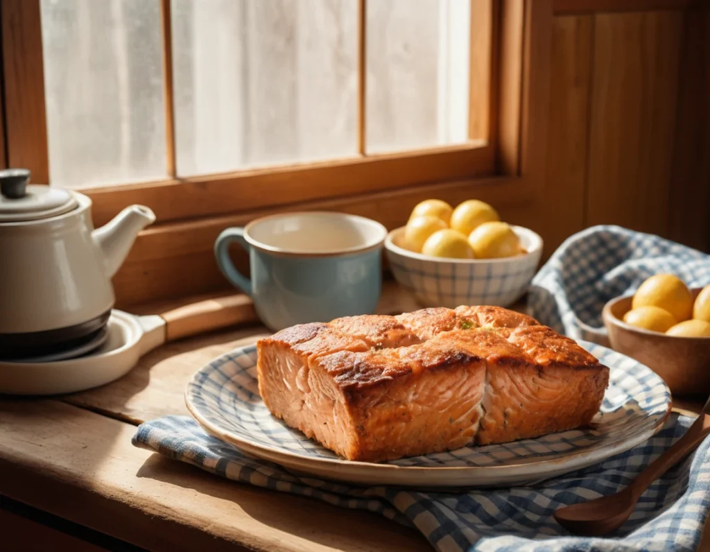 Homemade salmon loaf resting on a ceramic plate in a rustic kitchen.