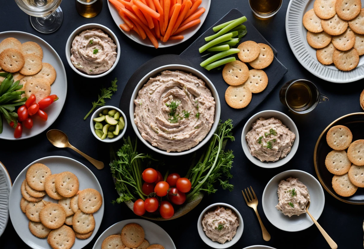 Party spread featuring smoked tuna dip and accompaniments