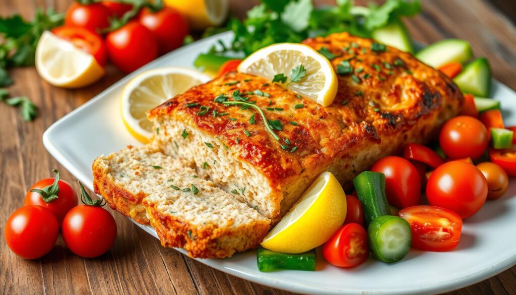Golden-brown combo tuna and salmon loaf on white ceramic serving plate