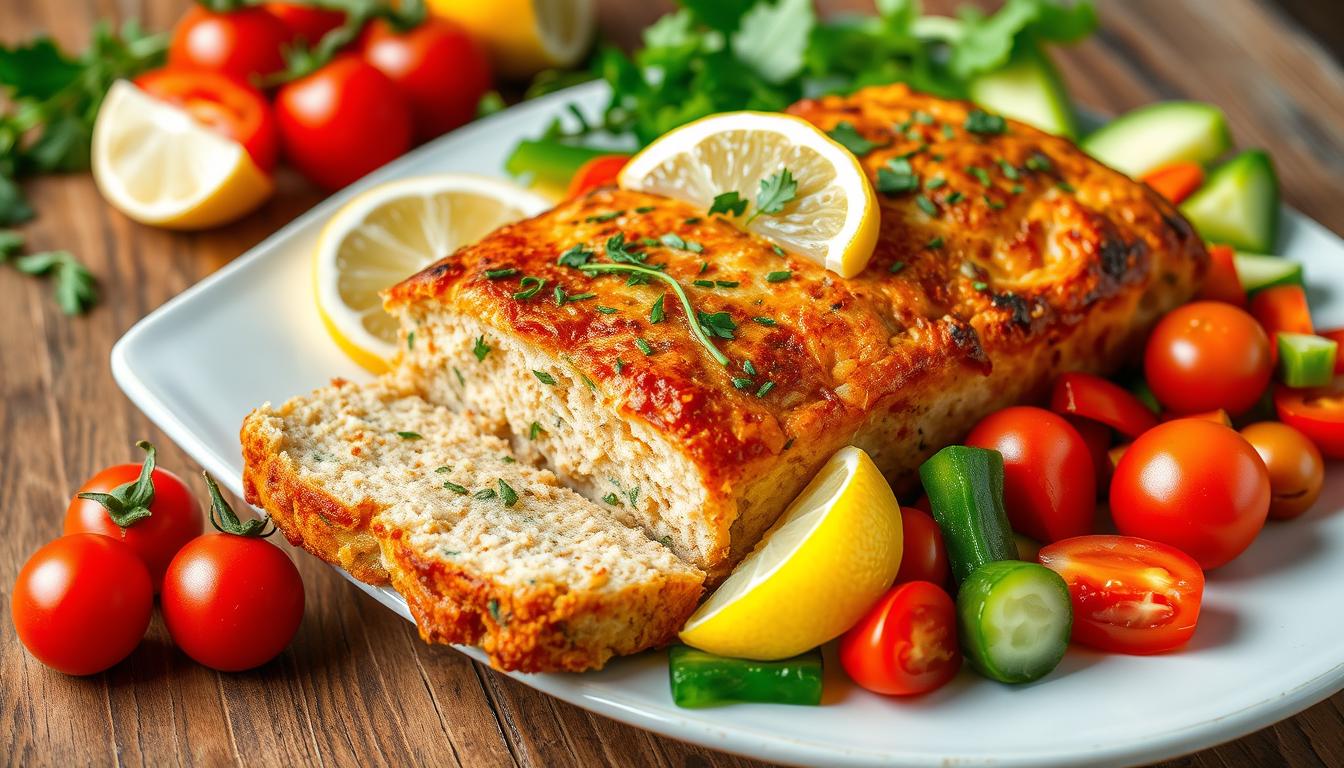 Golden-brown combo tuna and salmon loaf on white ceramic serving plate