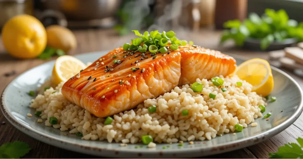 Plated salmon and rice dish garnished with green onions and sesame seeds in a warm kitchen setting.