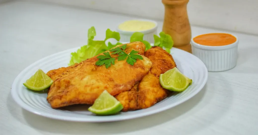 Crispy pan-fried fish fillets served on a white plate with fresh lime wedges, lettuce, and dipping sauces.