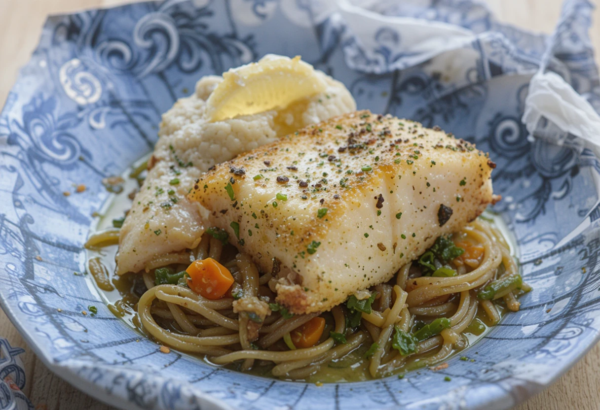 Baked black cod served over seasoned noodles with vegetables and a side of rice, garnished with herbs and lemon.