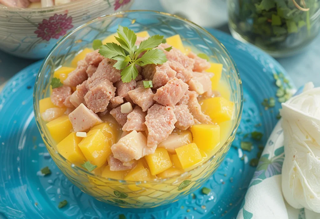 Fresh mango tuna ceviche served in a glass bowl with cilantro garnish on turquoise plate