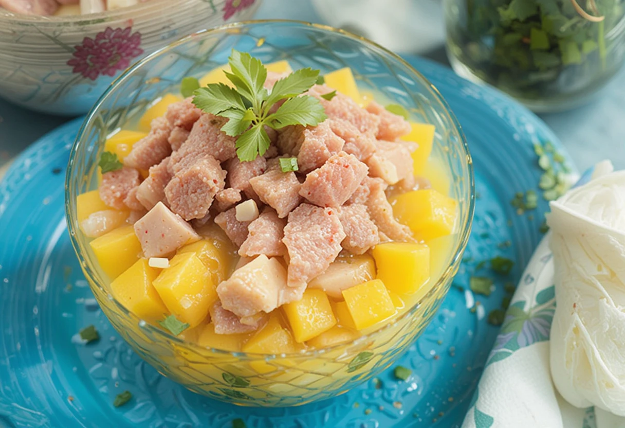 Fresh mango tuna ceviche served in a glass bowl with cilantro garnish on turquoise plate