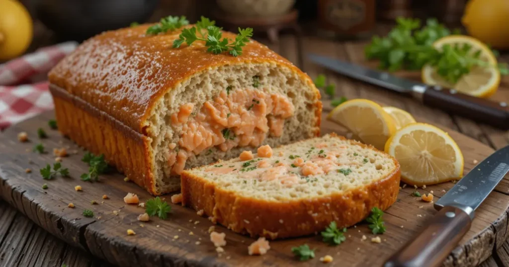 Old-fashioned combo tuna and salmon loaf, sliced and garnished with fresh parsley and lemon wedges.