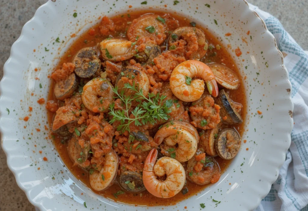 Authentic Seafood Fra Diavolo with shrimp, clams, and a spicy tomato sauce, garnished with fresh herbs in a white ceramic plate.