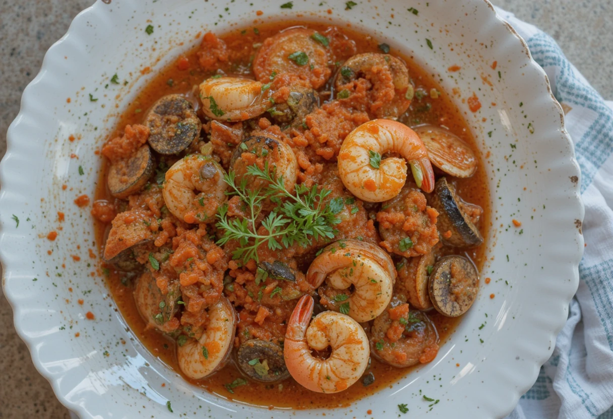 Authentic Seafood Fra Diavolo with shrimp, clams, and a spicy tomato sauce, garnished with fresh herbs in a white ceramic plate.