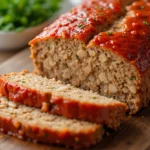 Delicious homemade tuna loaf meatloaf topped with a tangy tomato glaze, sliced and served on a wooden cutting board.