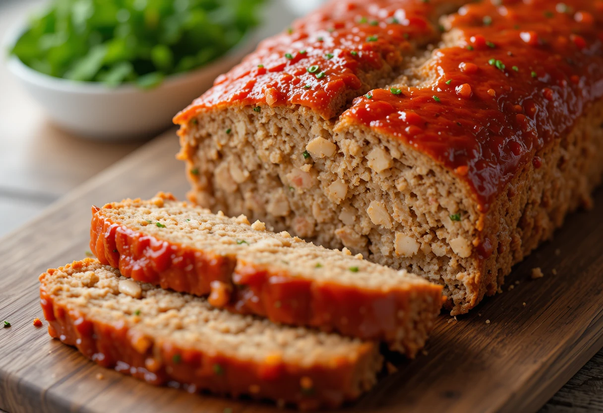 Delicious homemade tuna loaf meatloaf topped with a tangy tomato glaze, sliced and served on a wooden cutting board.