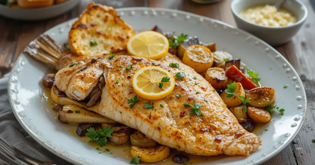 Baked whole tilapia with crispy skin, lemon slices, and roasted vegetables on a plate