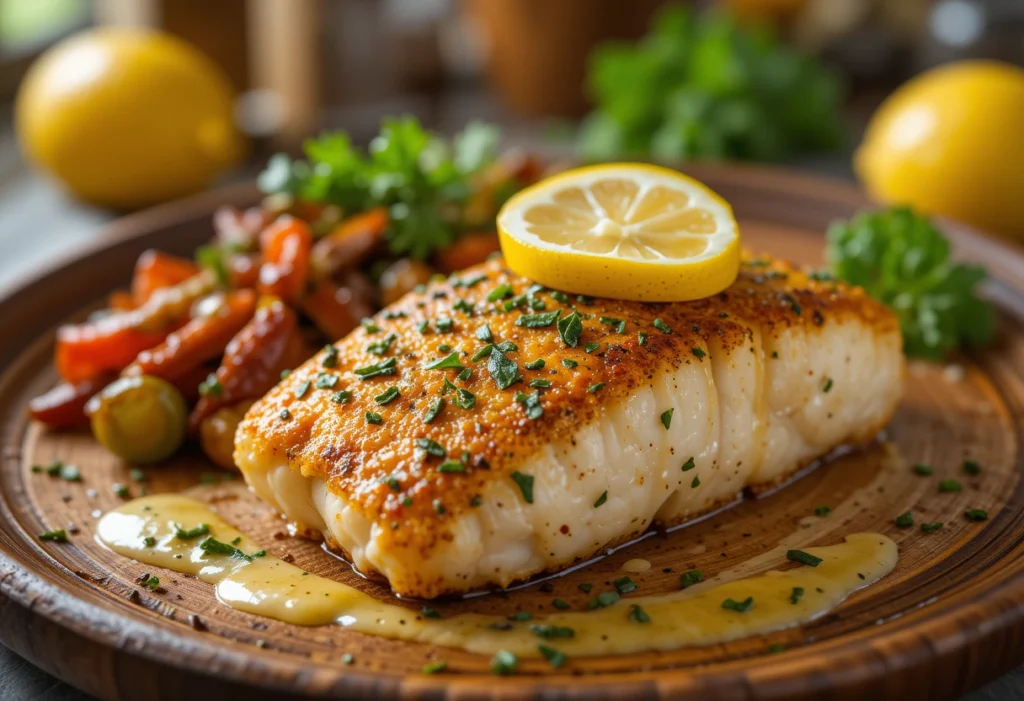 Cajun-seasoned cod fillet with lemon and herbs on a rustic plate