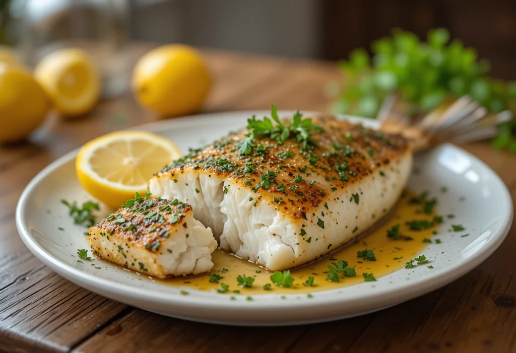 Perfectly cooked herb-crusted lingcod fillet with golden crust and fresh herbs