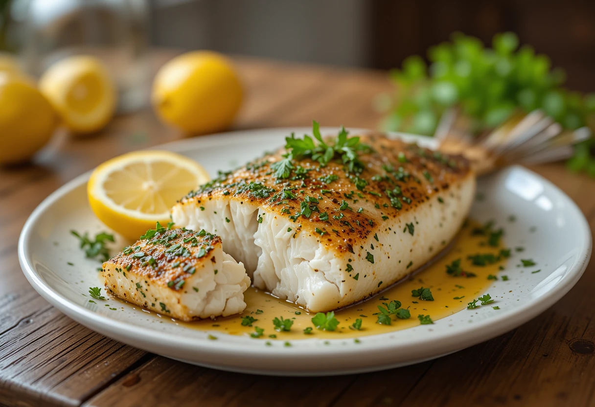 Perfectly cooked herb-crusted lingcod fillet with golden crust and fresh herbs
