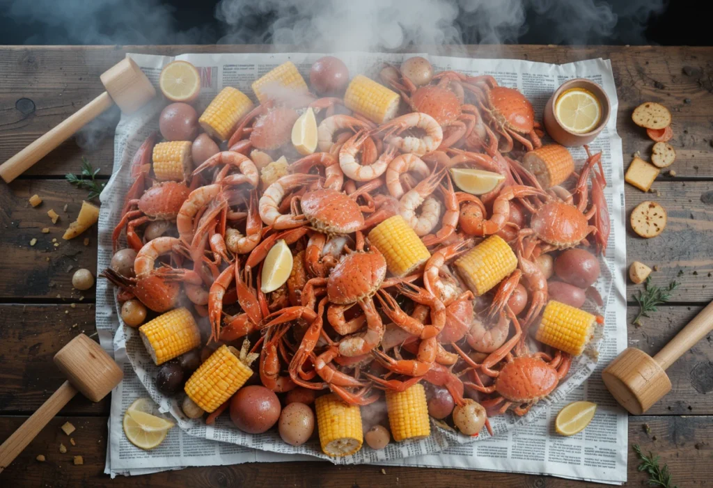 Homemade crab and shrimp boil with corn and potatoes on newspaper-covered table
