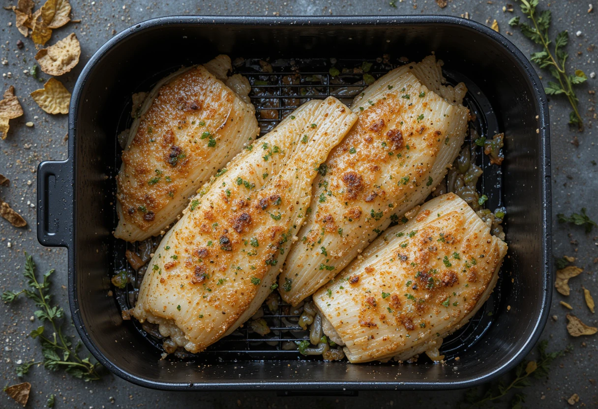 Crispy golden-brown tilapia fillets cooked in an air fryer, garnished with herbs and seasoning.