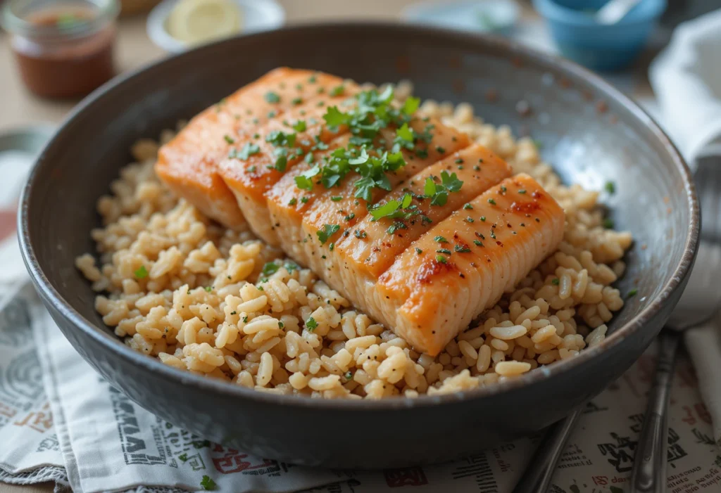 A delicious, perfectly cooked salmon brown rice garnished with fresh herbs, served over a bed of in a rustic bowl.