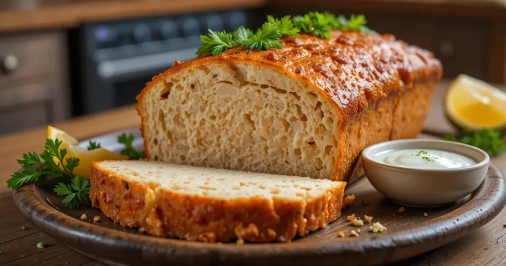 Homemade baked salmon loaf with parsley garnish and dill sauce on a rustic plate.