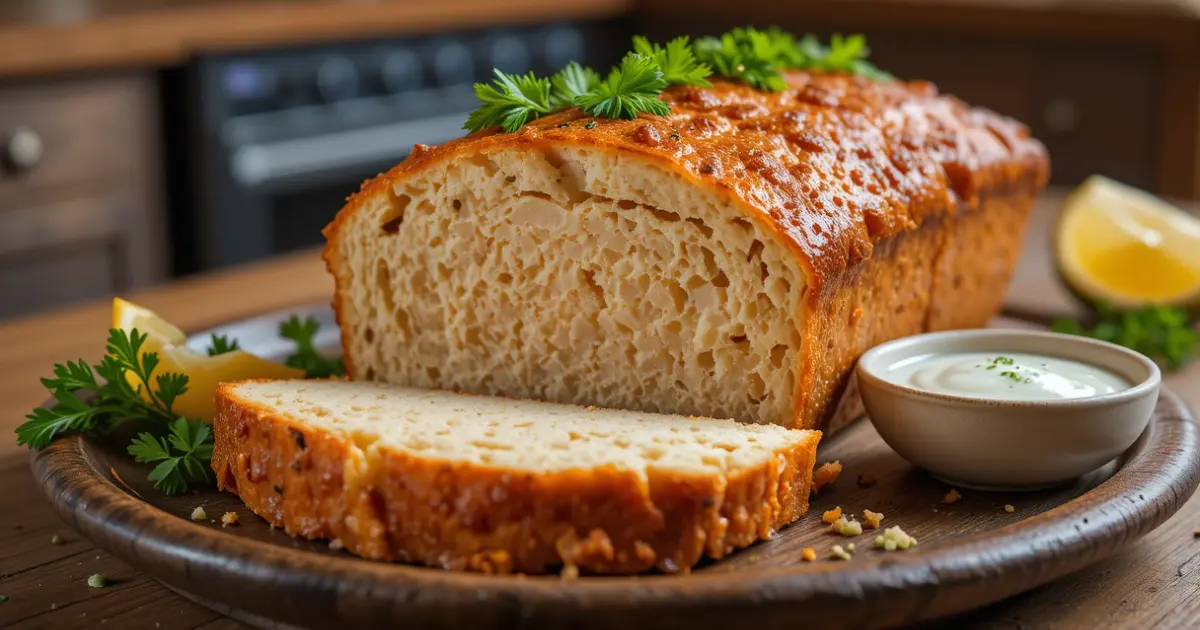 Homemade baked salmon loaf with parsley garnish and dill sauce on a rustic plate.