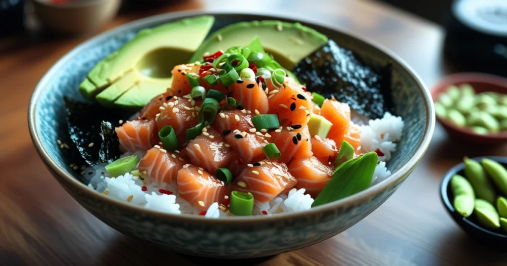 Homemade salmon poke bowl with fresh ingredients on a wooden table.