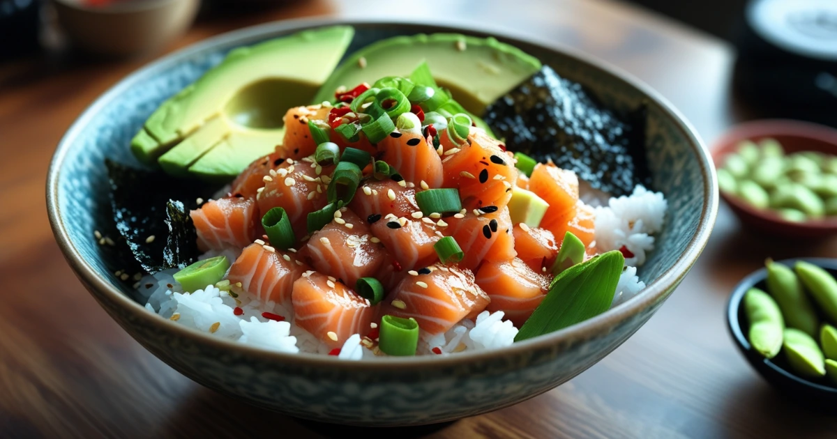 Homemade salmon poke bowl with fresh ingredients on a wooden table.