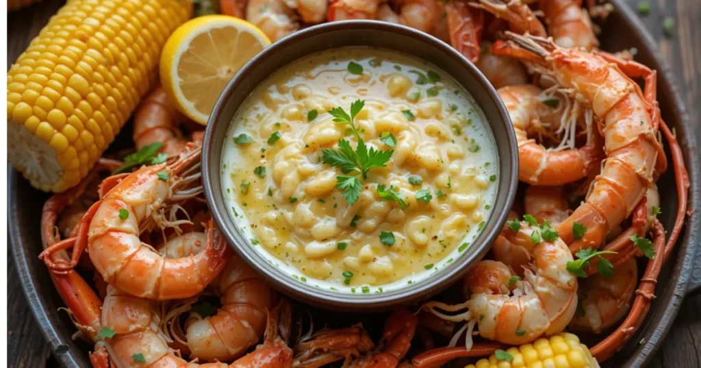 Homemade seafood boil sauce in a bowl, surrounded by shrimp, crab legs, and corn on a rustic wooden table.