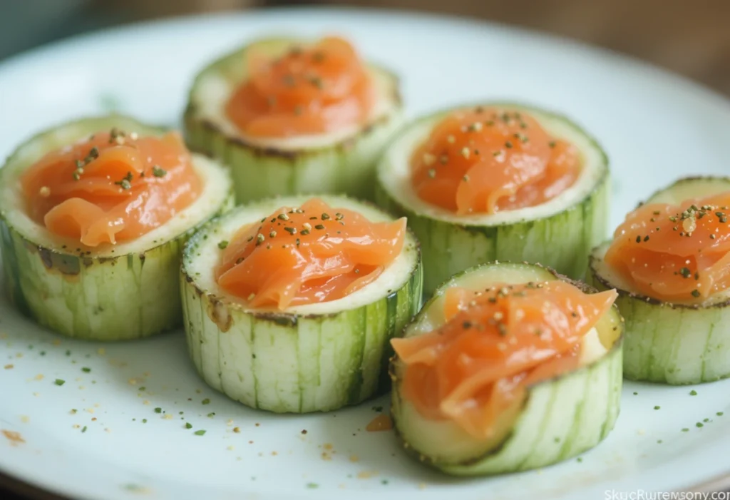 Delicious smoked salmon roulade on cucumber slices, garnished with herbs and spices, served on a white plate.