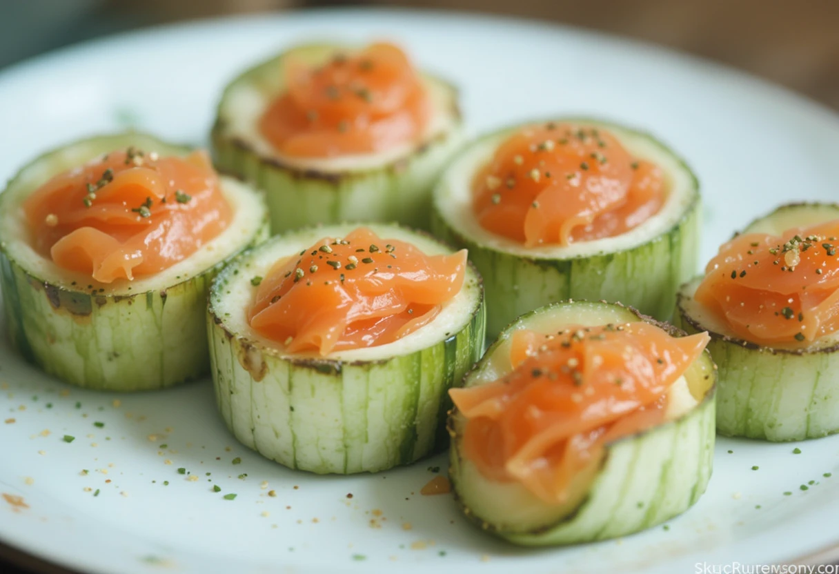 Delicious smoked salmon roulade on cucumber slices, garnished with herbs and spices, served on a white plate.