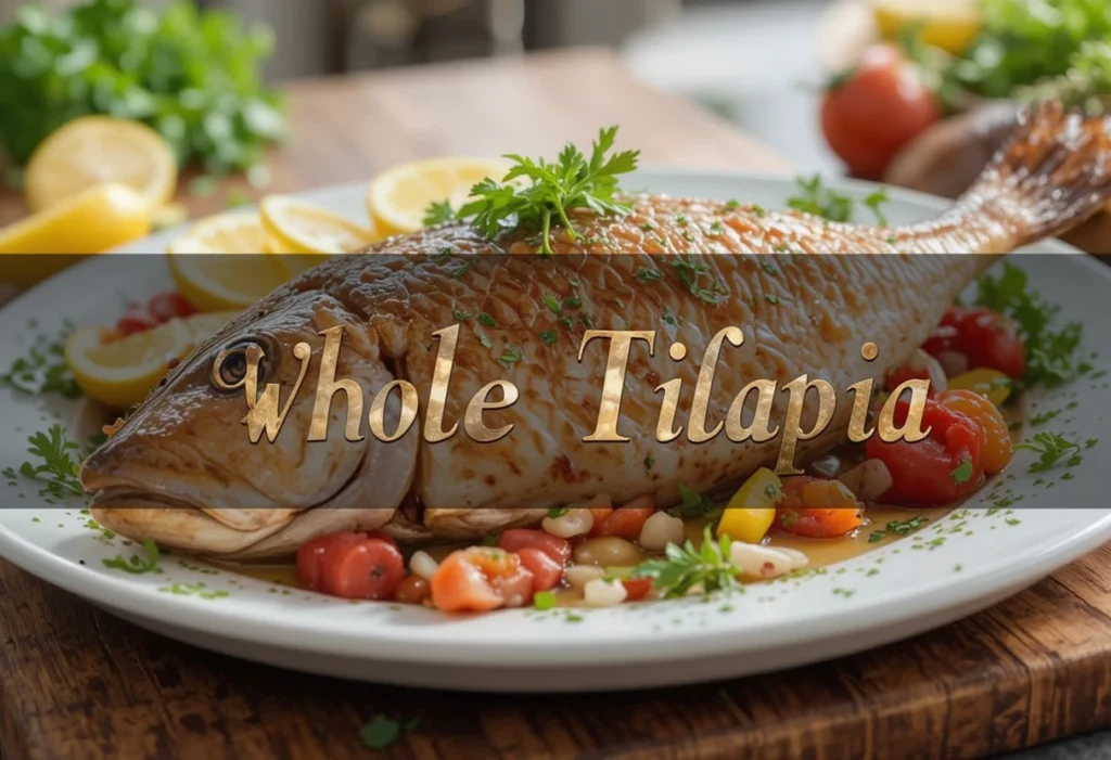 Perfectly cooked whole tilapia with fresh herbs and lemon slices on a rustic wooden table.
