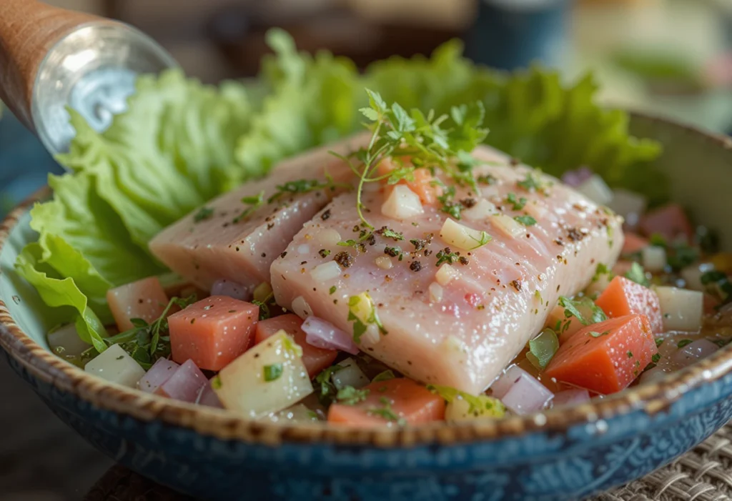 Fresh bluefin tuna ceviche garnished with chopped herbs, diced vegetables, and black pepper, served on a bed of lettuce in a rustic ceramic bowl.