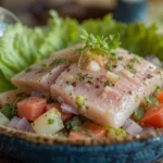 Fresh bluefin tuna ceviche garnished with chopped herbs, diced vegetables, and black pepper, served on a bed of lettuce in a rustic ceramic bowl.